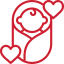 A red icon of a baby wrapped in a blanket with hearts.