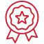 A red outline of a ribbon-style award with a star in the center.