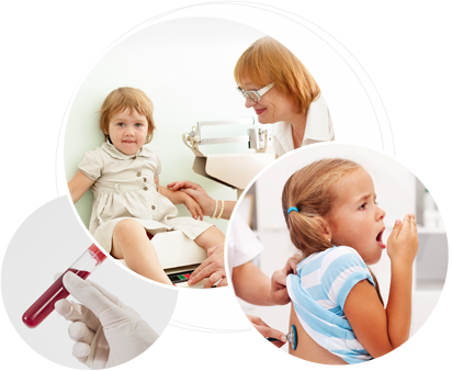A collage of pediatric care images, including a child sitting for an examination, a blood test, and a doctor examining a child for respiratory issues.